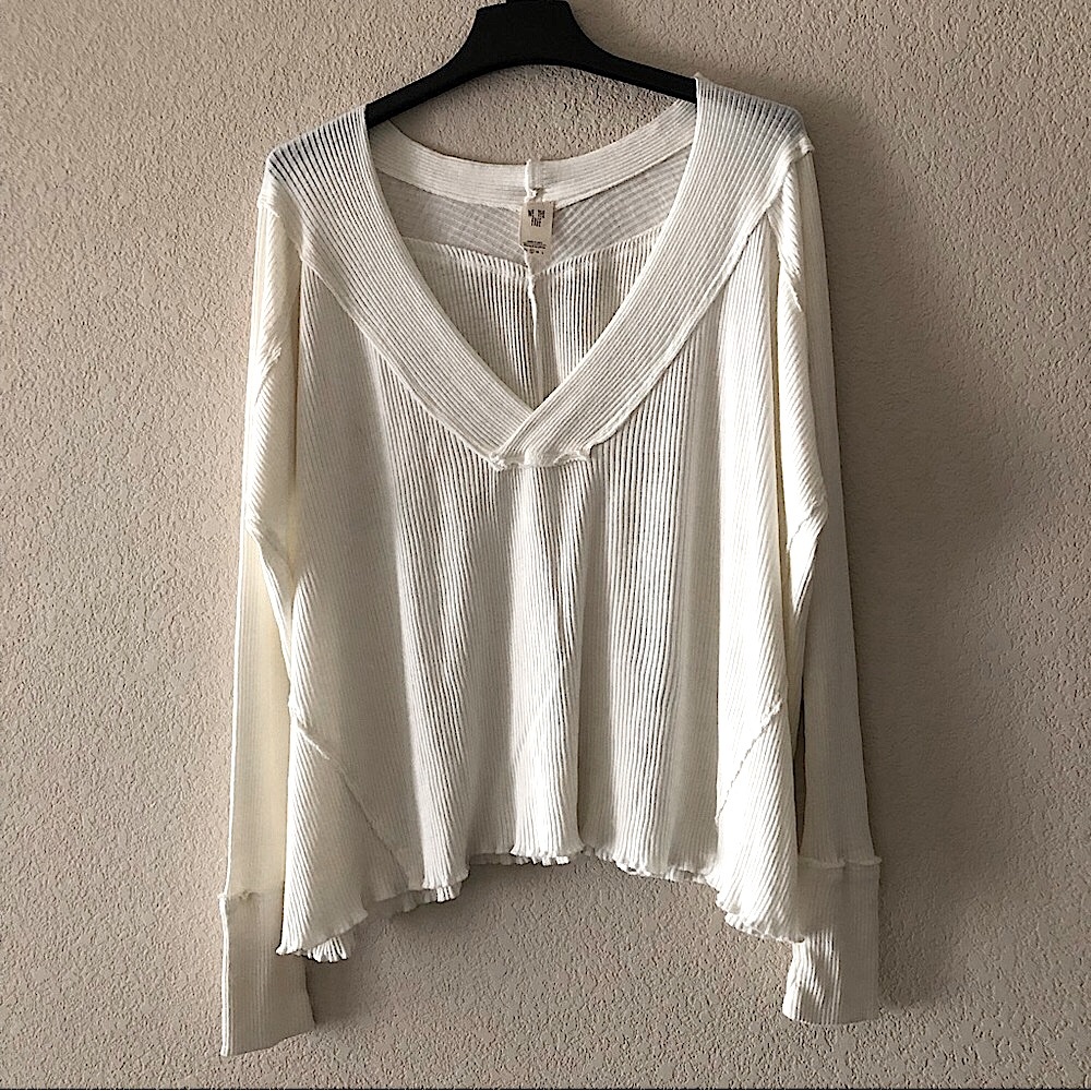Free People We The Free Ivory Long Sleeve Cotton V Neck Top